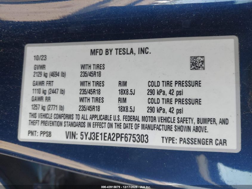 2023 Tesla Model 3 Rear-Wheel Drive VIN: 5YJ3E1EA2PF675303 Lot: 43915879