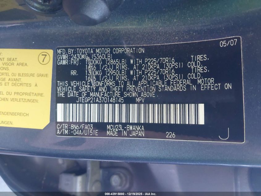 2007 Toyota Highlander V6 VIN: JTEGP21A370148145 Lot: 43915880