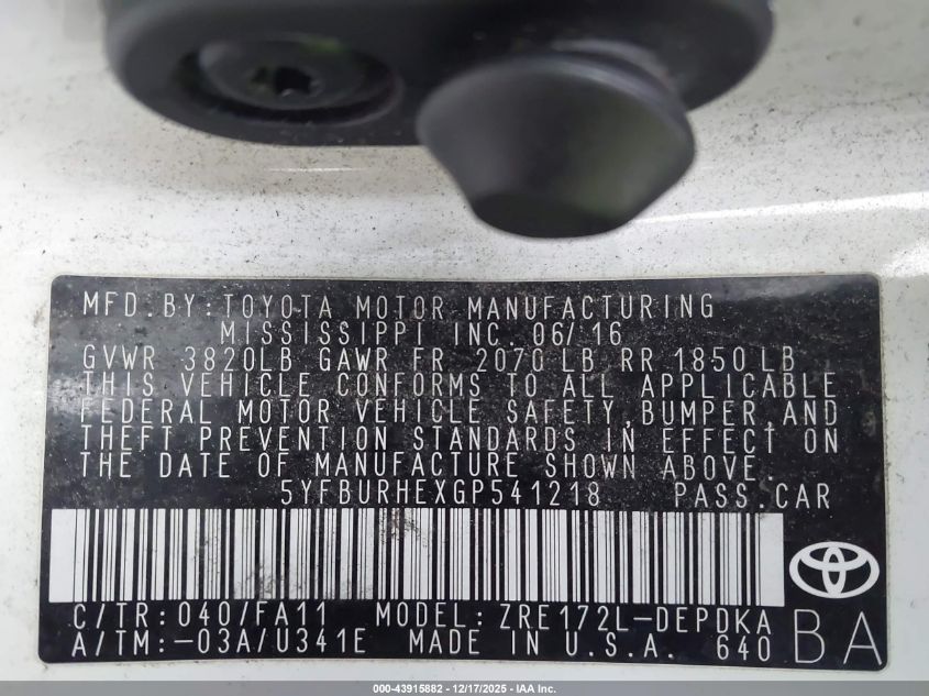 2016 Toyota Corolla L VIN: 5YFBURHEXGP541218 Lot: 43915882