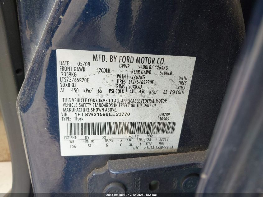 2008 Ford F-250 Fx4/King Ranch/Lariat/Xl/Xlt VIN: 1FTSW21598EE23770 Lot: 43915893