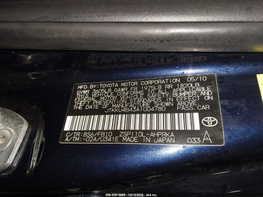 2010 Scion Xd VIN: JTKKU4B43A1004780 Lot: 43915895