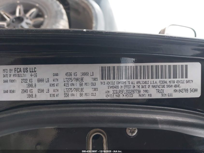 2016 Ram 2500 Laramie VIN: 3C6UR5FL2GG297730 Lot: 43915897