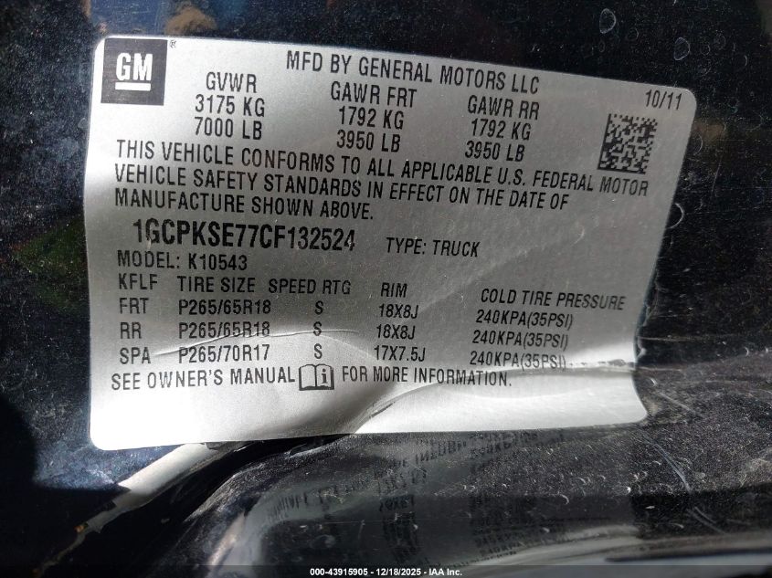 2012 Chevrolet Silverado 1500 Lt VIN: 1GCPKSE77CF132524 Lot: 43915905