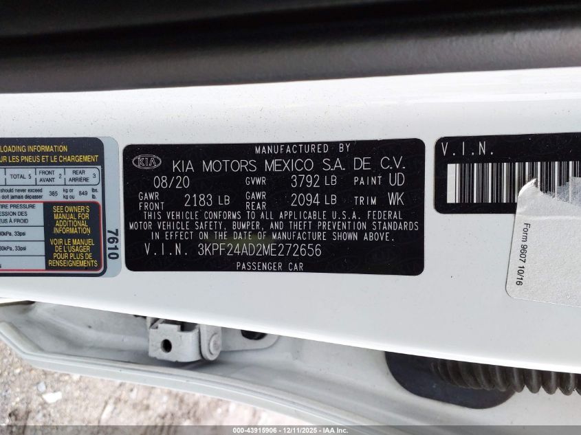 2021 Kia Forte Lxs VIN: 3KPF24AD2ME272656 Lot: 43915906