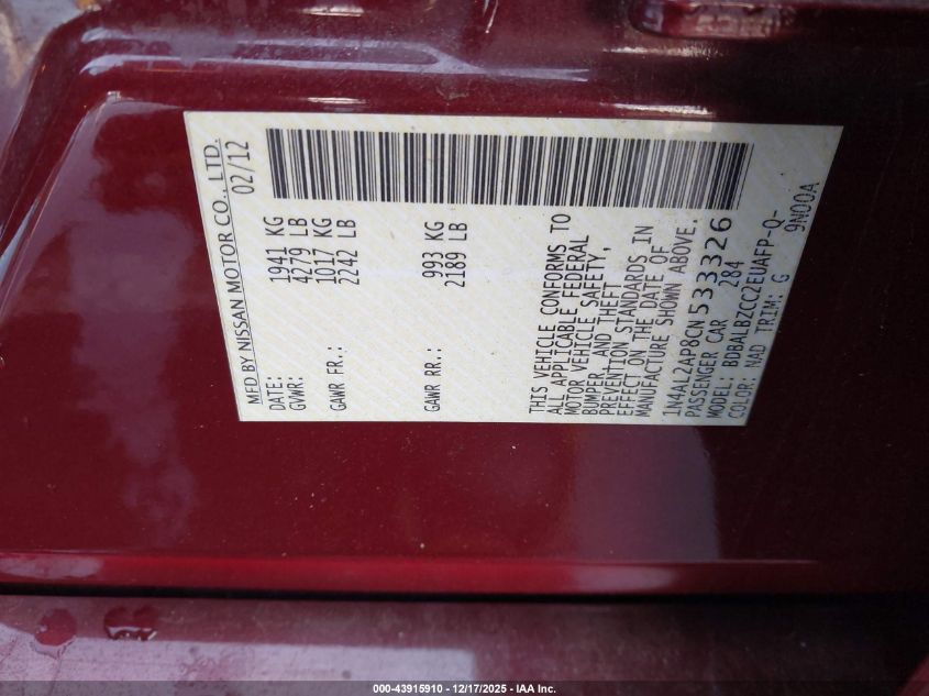 2012 Nissan Altima 2.5 S VIN: 1N4AL2AP8CN533326 Lot: 43915910