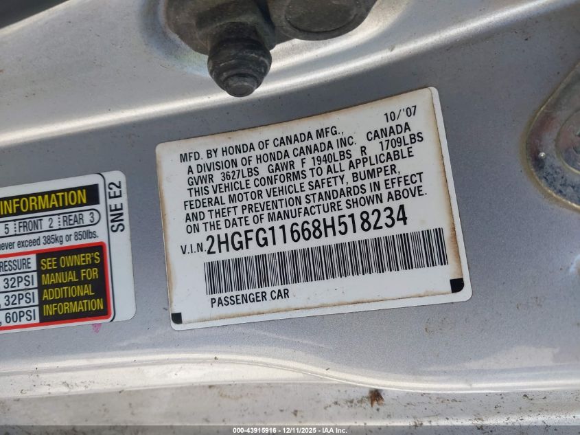 2008 Honda Civic Lx VIN: 2HGFG11668H518234 Lot: 43915916