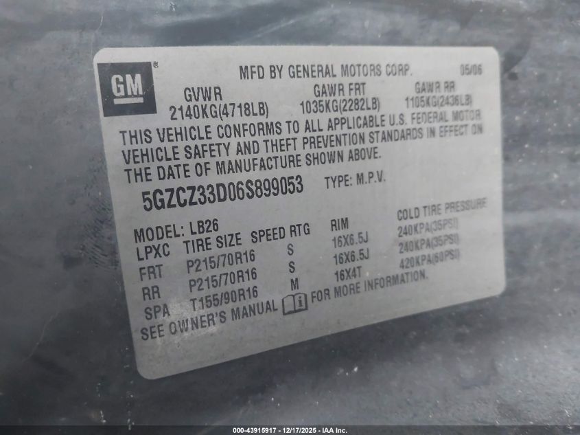 2006 Saturn Vue 4 Cyl VIN: 5GZCZ33D06S899053 Lot: 43915917