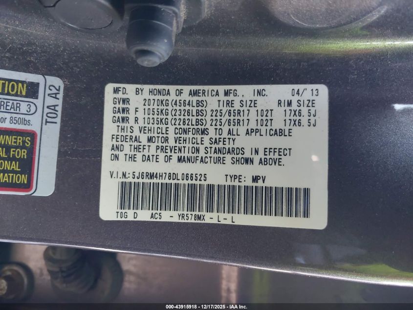2013 Honda Cr-V Ex-L VIN: 5J6RM4H78DL066525 Lot: 43915918