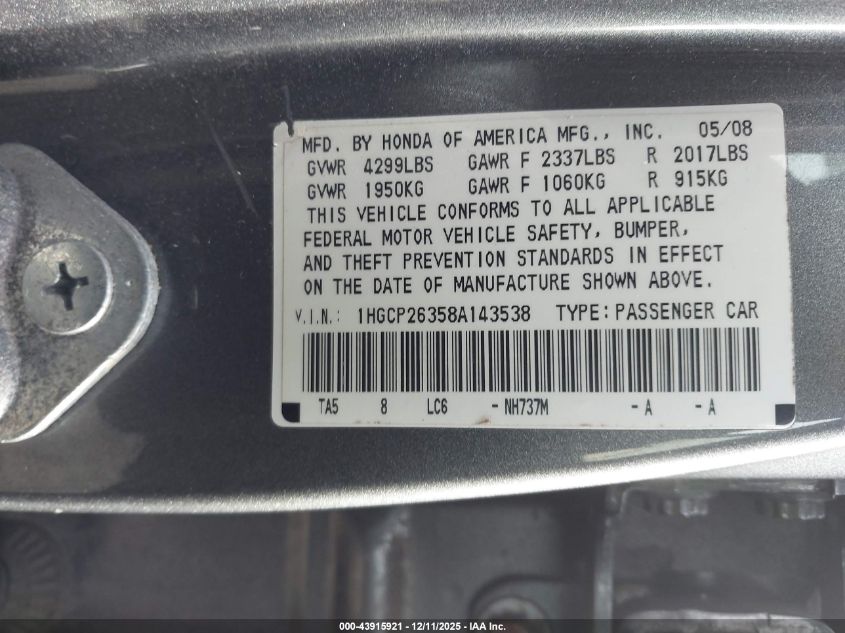 2008 Honda Accord 2.4 Lx VIN: 1HGCP26358A143538 Lot: 43915921
