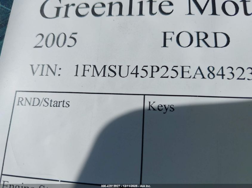 2005 Ford Excursion Eddie Bauer VIN: 1FMSU45P25EA84323 Lot: 43915927