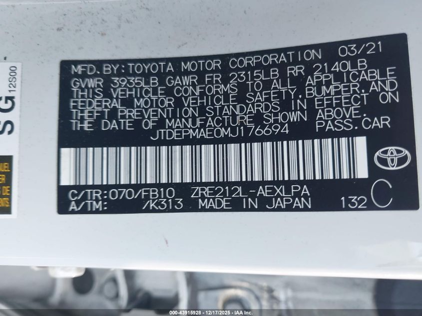 2021 Toyota Corolla Le VIN: JTDEPMAE0MJ176694 Lot: 43915928