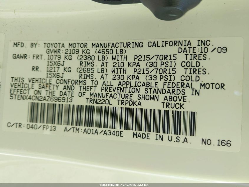 2010 Toyota Tacoma VIN: 5TENX4CN2AZ696913 Lot: 43915930