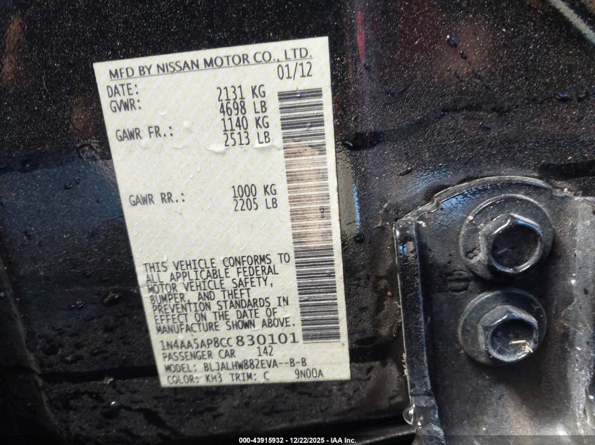 2012 Nissan Maxima 3.5 Sv VIN: 1N4AA5AP8CC830101 Lot: 43915932