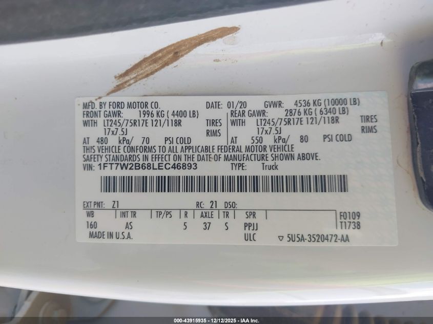 2020 Ford F-250 Xl VIN: 1FT7W2B68LEC46893 Lot: 43915935