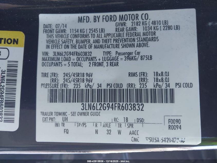 2015 Lincoln Mkz VIN: 3LN6L2G94FR603832 Lot: 43915936