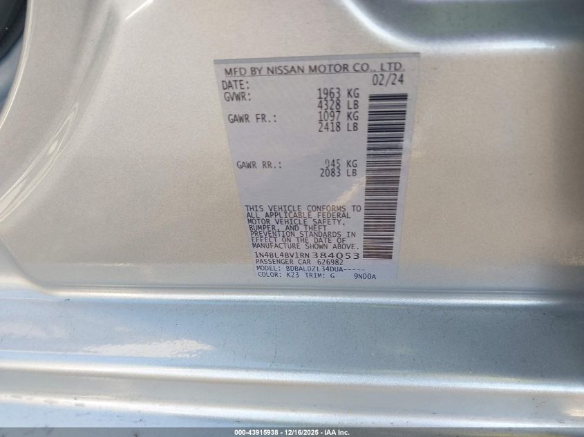 2024 Nissan Altima S Fwd VIN: 1N4BL4BV1RN384053 Lot: 43915938