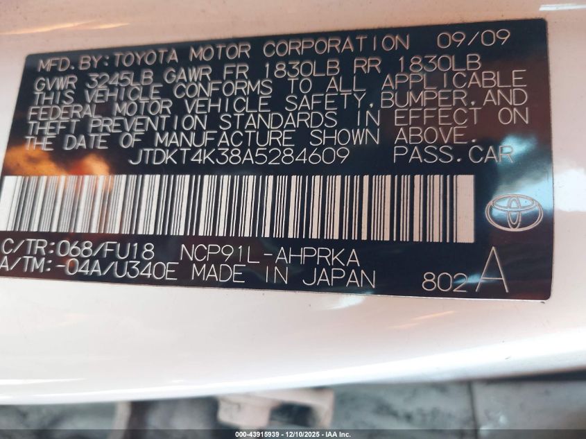 2010 Toyota Yaris VIN: JTDKT4K38A5284609 Lot: 43915939