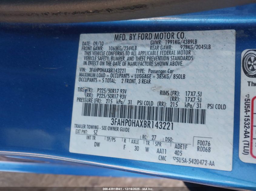 2011 Ford Fusion Se VIN: 3FAHP0HAXBR143221 Lot: 43915941