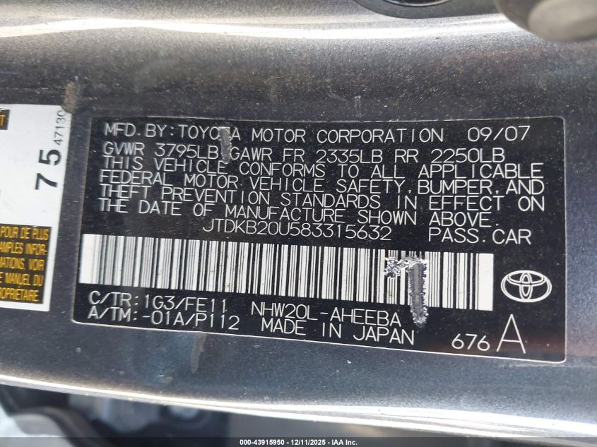 2008 Toyota Prius VIN: JTDKB20U583315632 Lot: 43915950