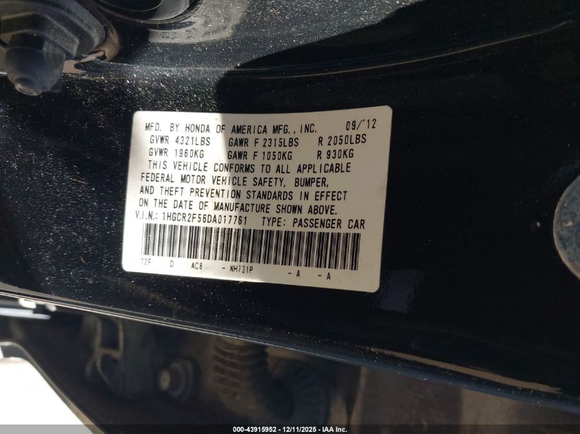 2013 Honda Accord Sport VIN: 1HGCR2F56DA017761 Lot: 43915952