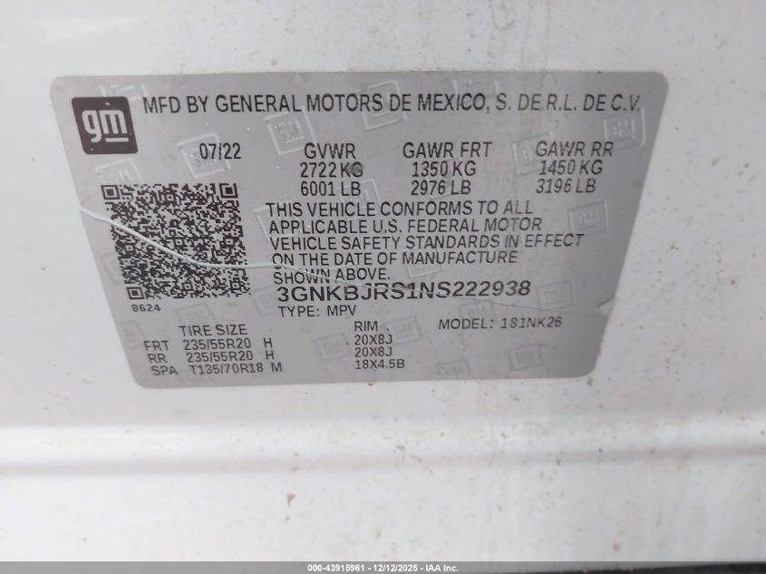 2022 Chevrolet Blazer Awd 3Lt VIN: 3GNKBJRS1NS222938 Lot: 43915961