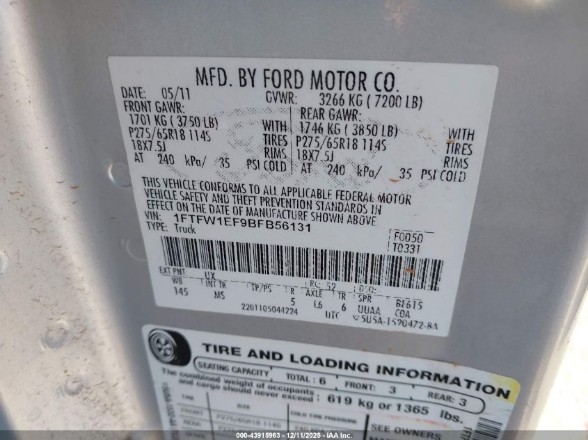 2011 Ford F-150 Xlt VIN: 1FTFW1EF9BFB56131 Lot: 43915963