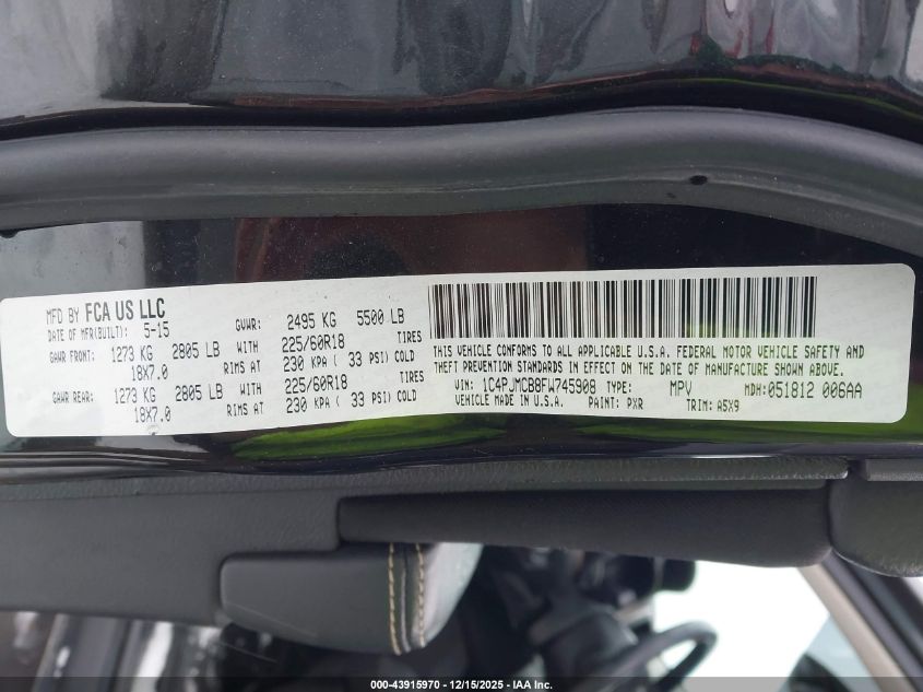 2015 Jeep Cherokee Latitude Altitude VIN: 1C4PJMCB8FW745908 Lot: 43915970