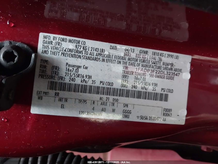 2013 Ford Focus Se VIN: 1FADP3F22DL323547 Lot: 43915971