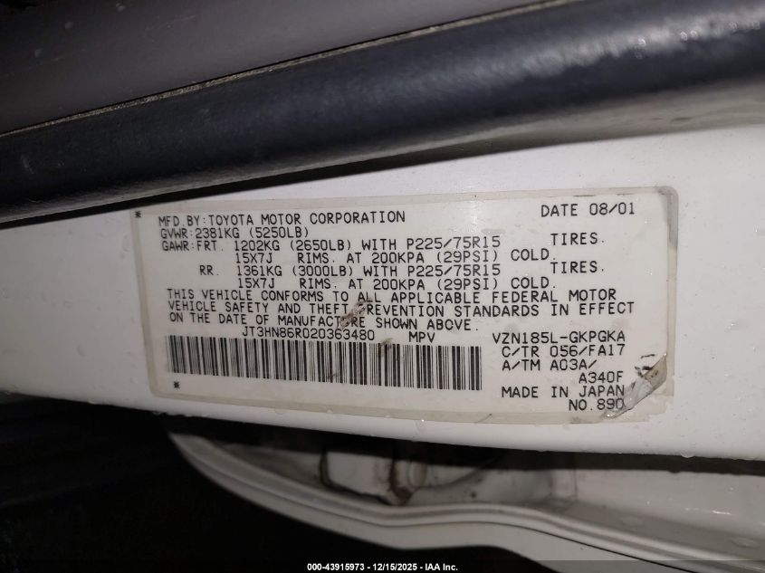 2002 Toyota 4Runner Sr5 V6 VIN: JT3HN86R020363480 Lot: 43915973