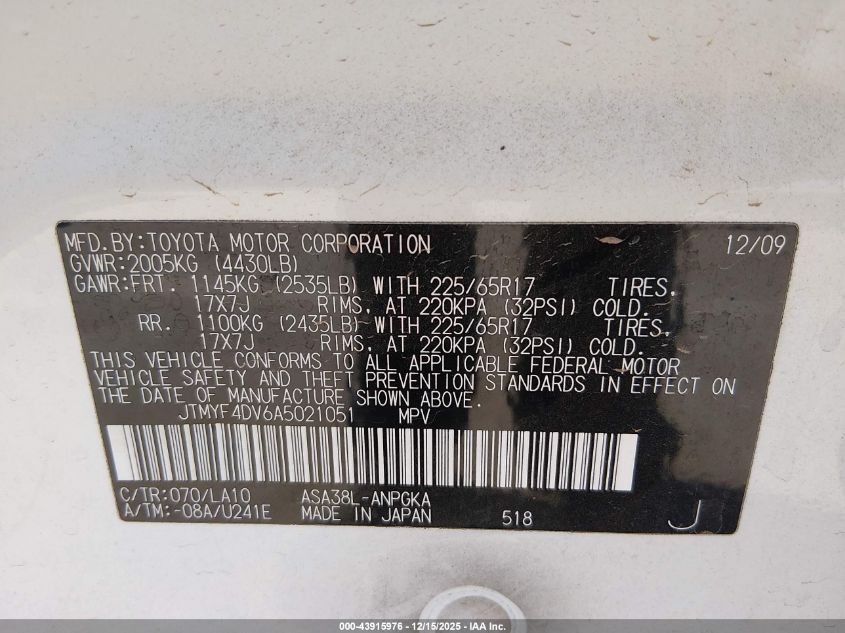 2010 Toyota Rav4 Limited VIN: JTMYF4DV6A5021051 Lot: 43915976