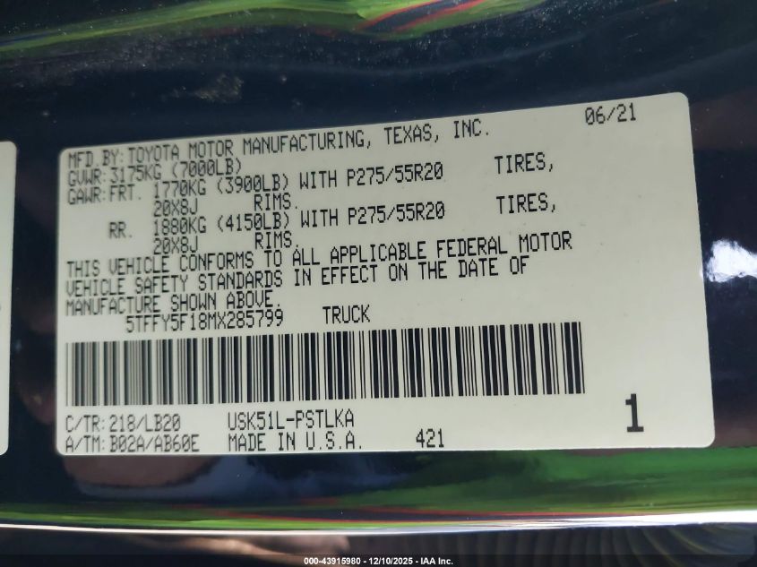 2021 Toyota Tundra Limited VIN: 5TFFY5F18MX285799 Lot: 43915980