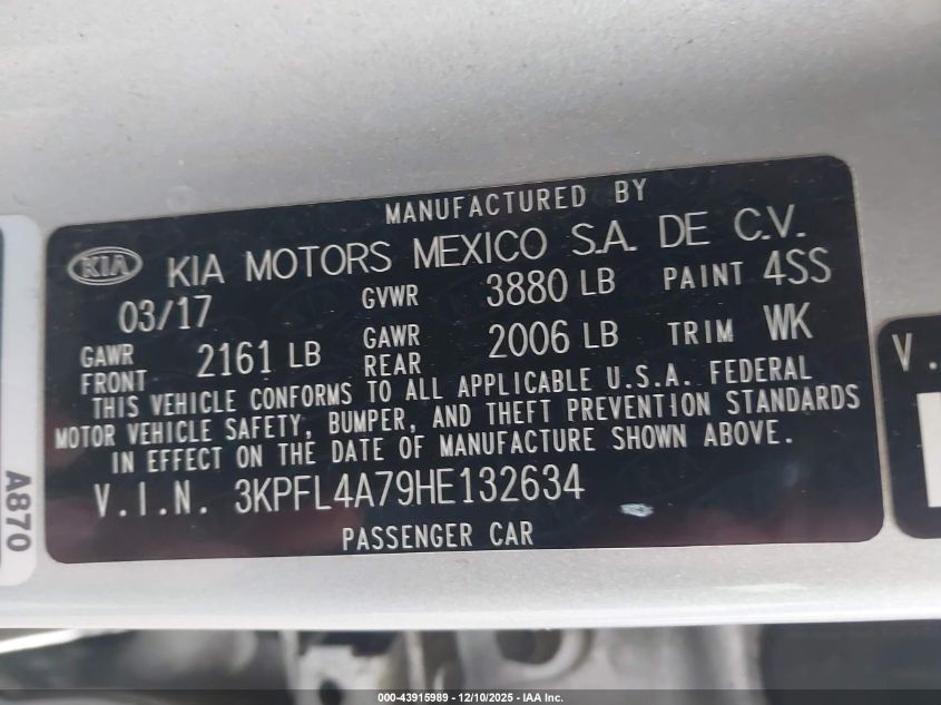 2017 Kia Forte Lx VIN: 3KPFL4A79HE132634 Lot: 43915989