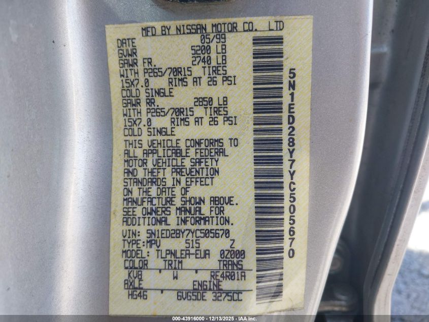 2000 Nissan Xterra Se/Xe VIN: 5N1ED28Y7YC505670 Lot: 43916000