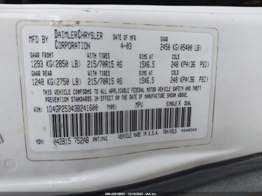 2003 Dodge Caravan Se VIN: 1D4GP25343B241600 Lot: 43916002