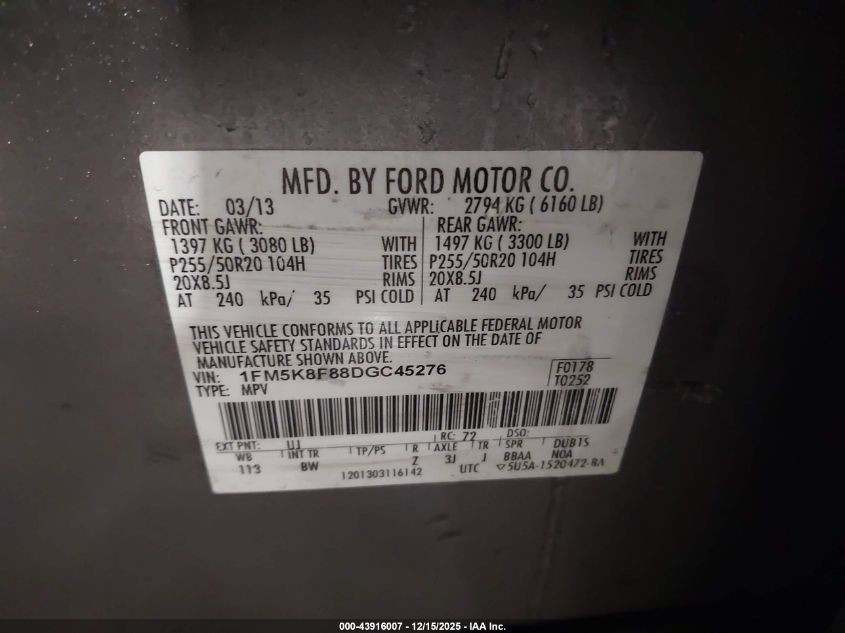 2013 Ford Explorer Limited VIN: 1FM5K8F88DGC45276 Lot: 43916007