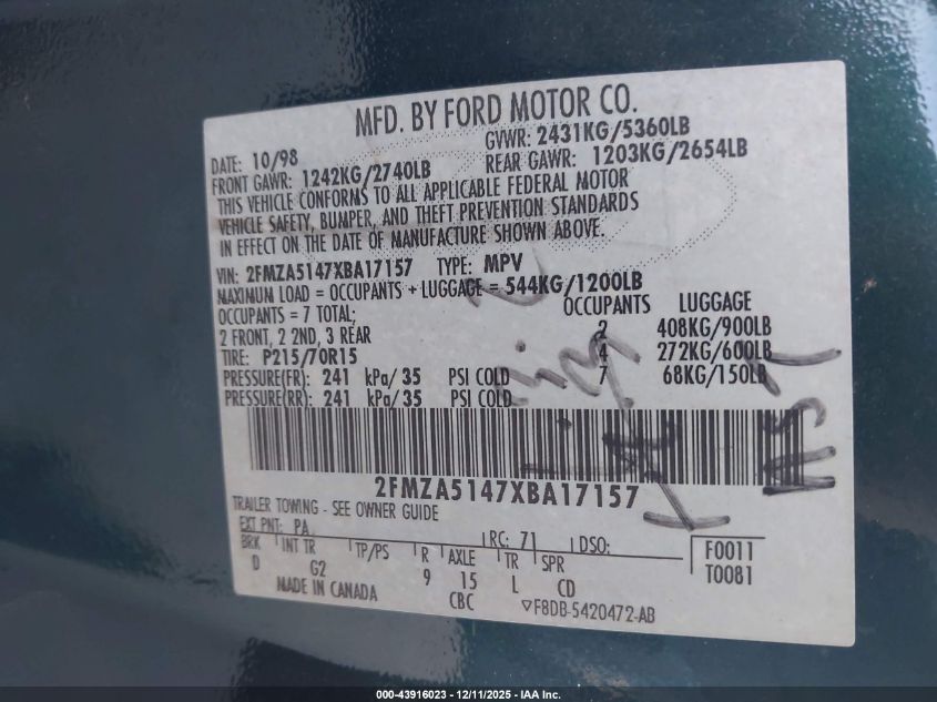 1999 Ford Windstar Lx VIN: 2FMZA5147XBA17157 Lot: 43916023
