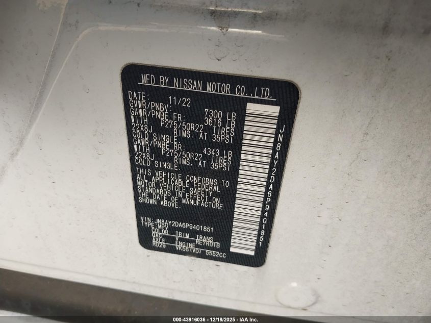 2023 Nissan Armada Platinum 2Wd VIN: JN8AY2DA6P9401851 Lot: 43916036