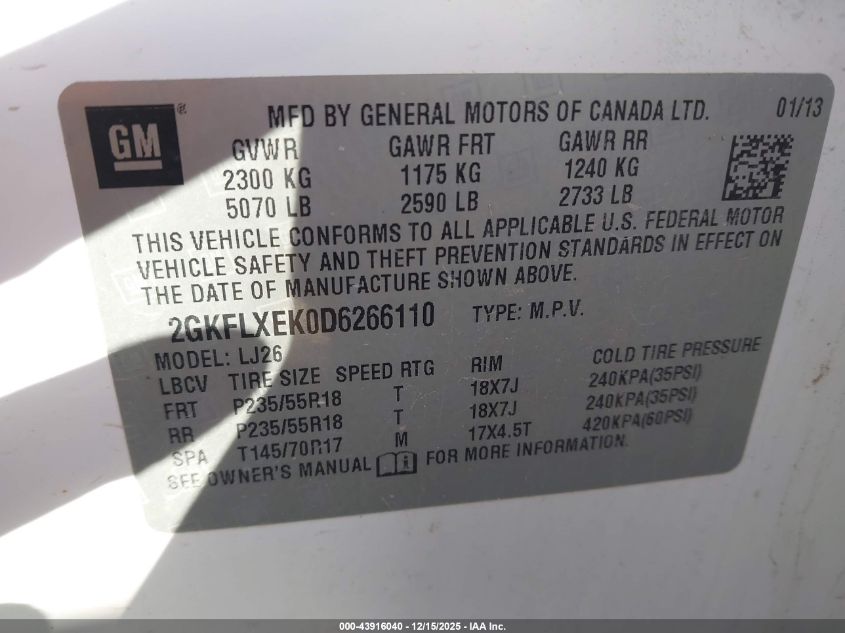 2013 GMC Terrain Slt-2 VIN: 2GKFLXEK0D6266110 Lot: 43916040