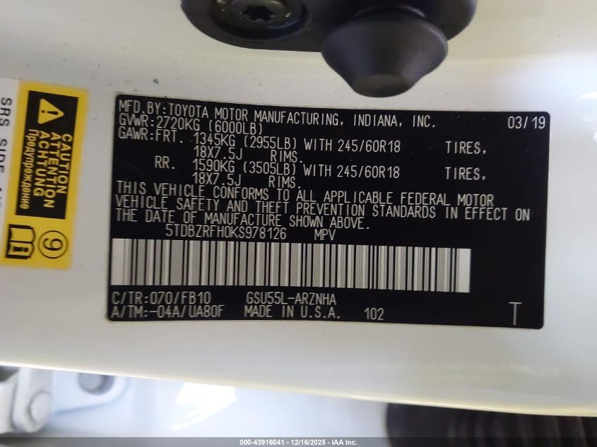 2019 Toyota Highlander Le VIN: 5TDBZRFH0KS978126 Lot: 43916041