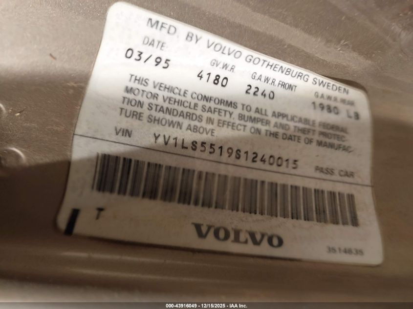 1995 Volvo 850 Glt VIN: YV1LS5519S1240015 Lot: 43916049