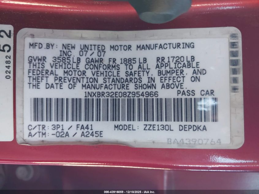 2008 Toyota Corolla Ce VIN: 1NXBR32E08Z954966 Lot: 43916059