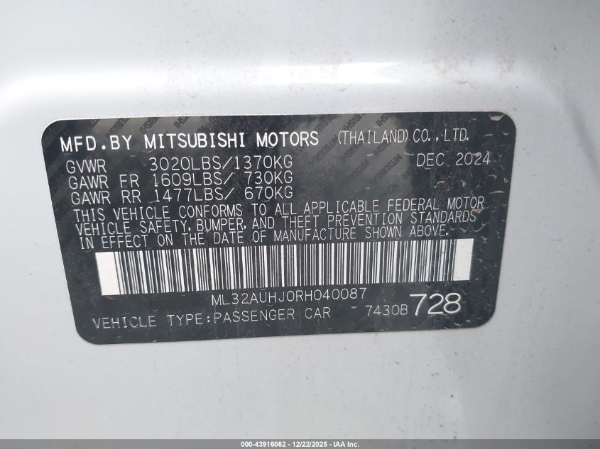 2024 Mitsubishi Mirage Le VIN: ML32AUHJ0RH040087 Lot: 43916062