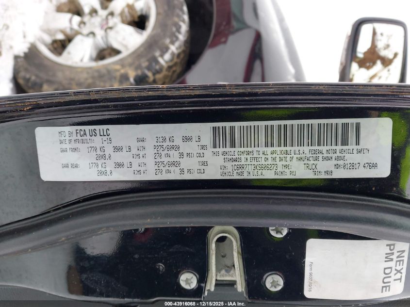 2019 Ram 1500 Classic Big Horn 4X4 6'4 Box VIN: 1C6RR7TT3KS606273 Lot: 43916068