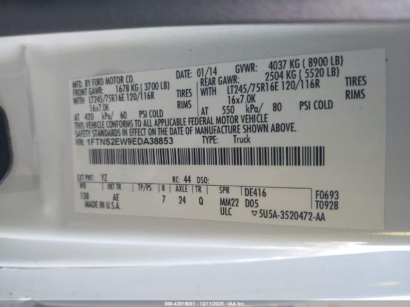 2014 Ford E-250 Commercial VIN: 1FTNS2EW9EDA38853 Lot: 43916081