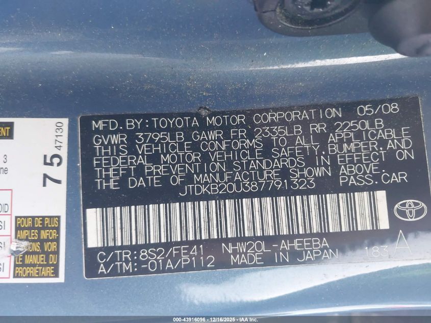 2008 Toyota Prius VIN: JTDKB20U387791323 Lot: 43916096