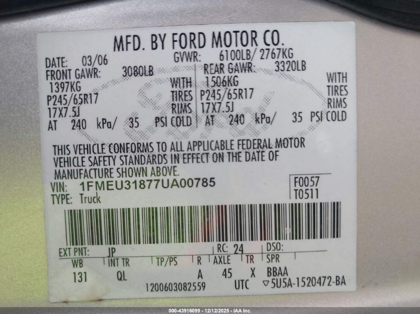 2007 Ford Explorer Sport Trac Xlt VIN: 1FMEU31877UA00785 Lot: 43916099