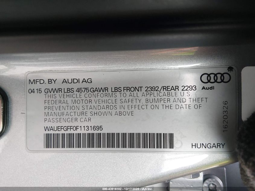 2015 Audi A3 2.0T Premium VIN: WAUEFGFF0F1131695 Lot: 43916102