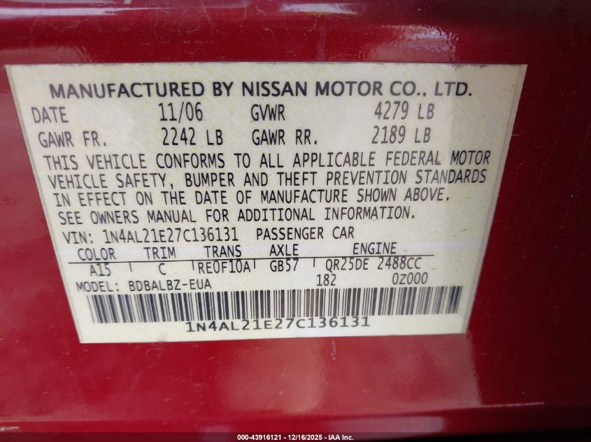 2007 Nissan Altima 2.5 S VIN: 1N4AL21E27C136131 Lot: 43916121