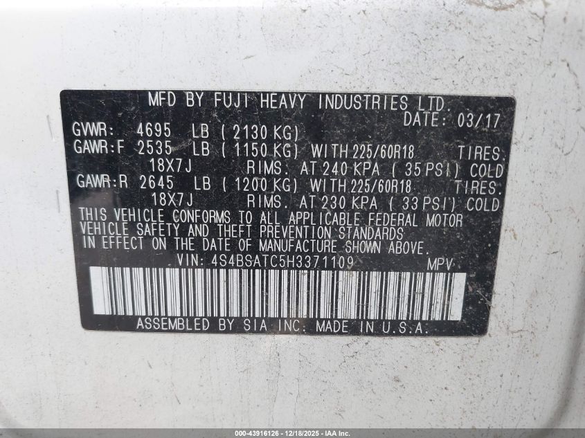 2017 Subaru Outback 2.5I Touring VIN: 4S4BSATC5H3371109 Lot: 43916126