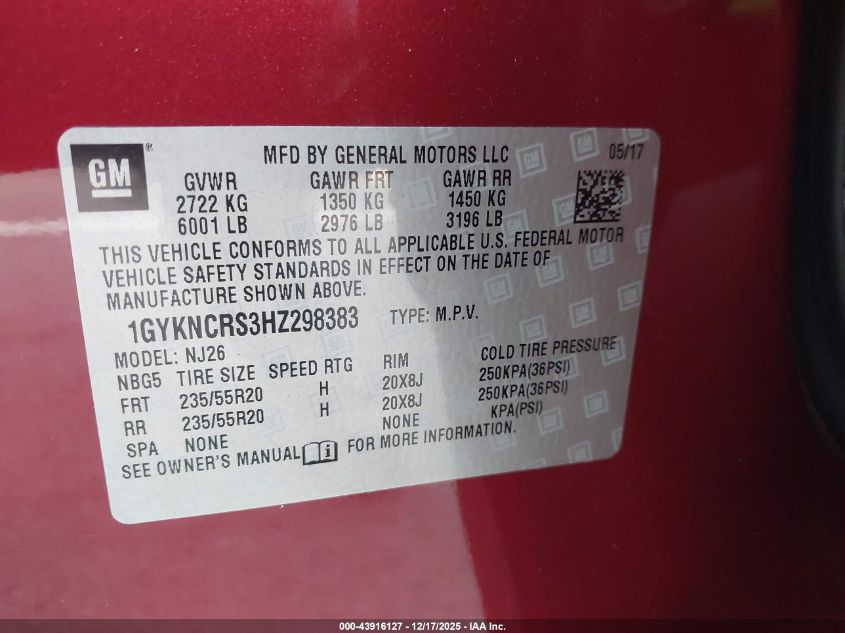 2017 Cadillac Xt5 Premium Luxury VIN: 1GYKNCRS3HZ298383 Lot: 43916127